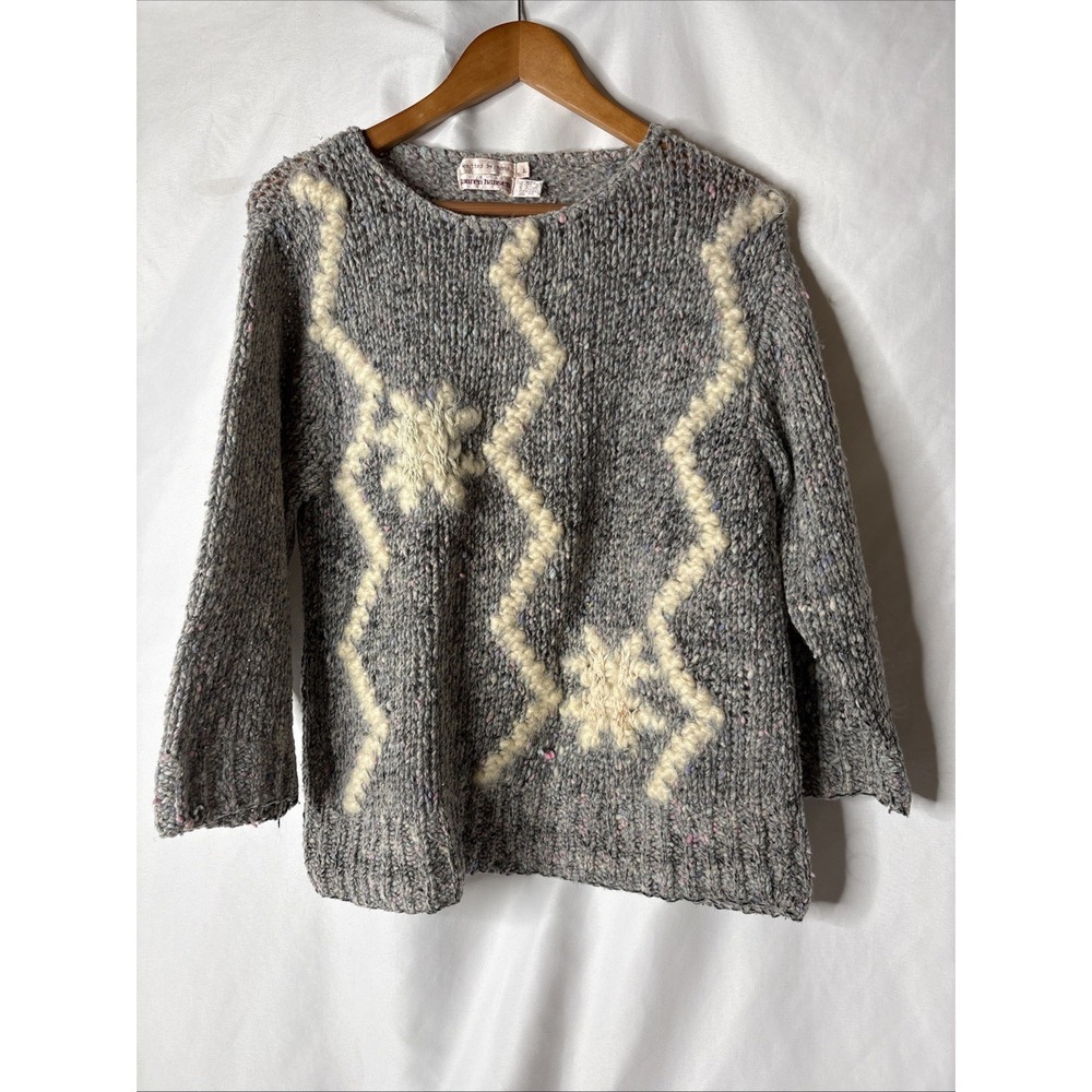 Vtg Lauren Hansen Women L Chunky Hand Knit‎ Wool Sweater Gray 3/4 Sleeve